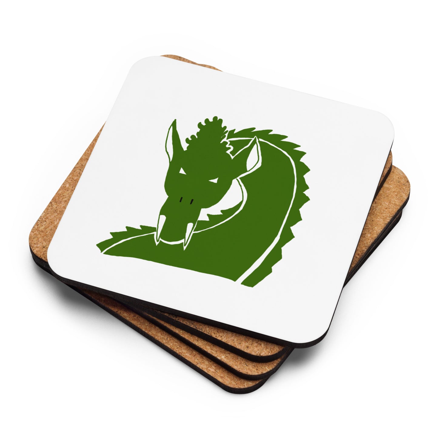 Stack of square coasters featuring a stylized green dragon head on a white background. The design is bold with clean lines, evoking a mythical theme.