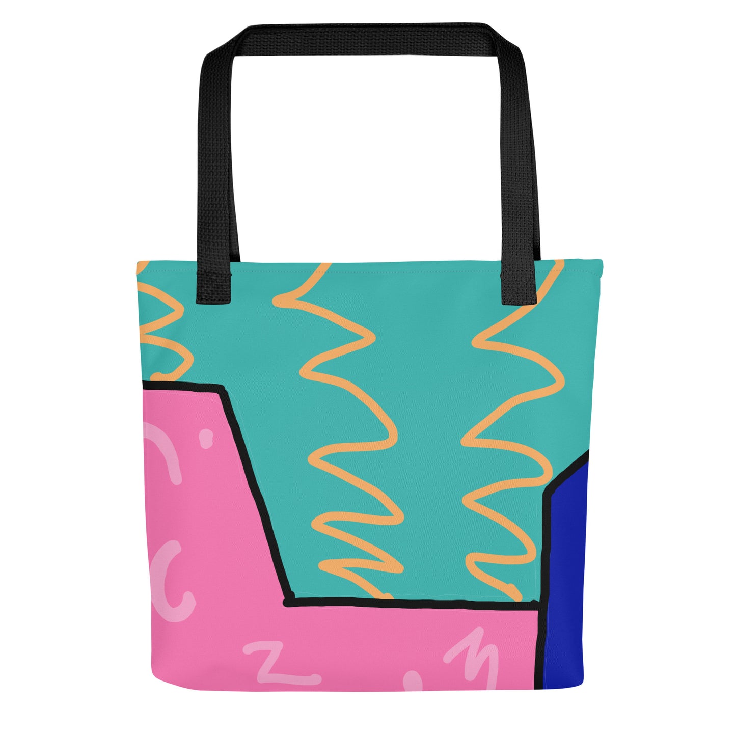 The item shown is a High Class Wave tote bag, featuring a vibrant, retro 1980s-inspired geometric pattern in turquoise, pink, and blue. Similar in style to he Memphis Group.