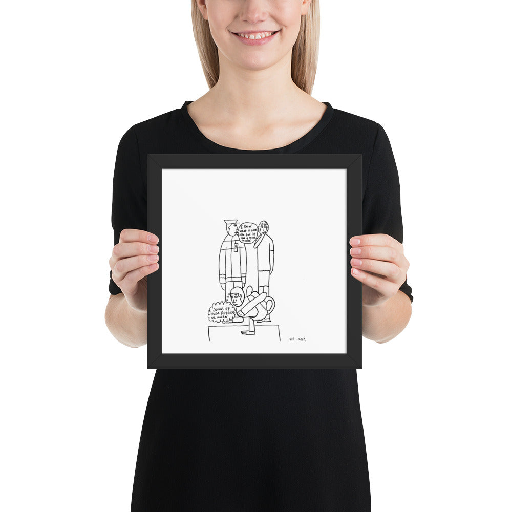 A framed art print of an Illustration of a policeman talking to a woman at a yoga class. a speech bubble that indicates they are engaged in dialogue. Based on a news story about a yoga class going wrong