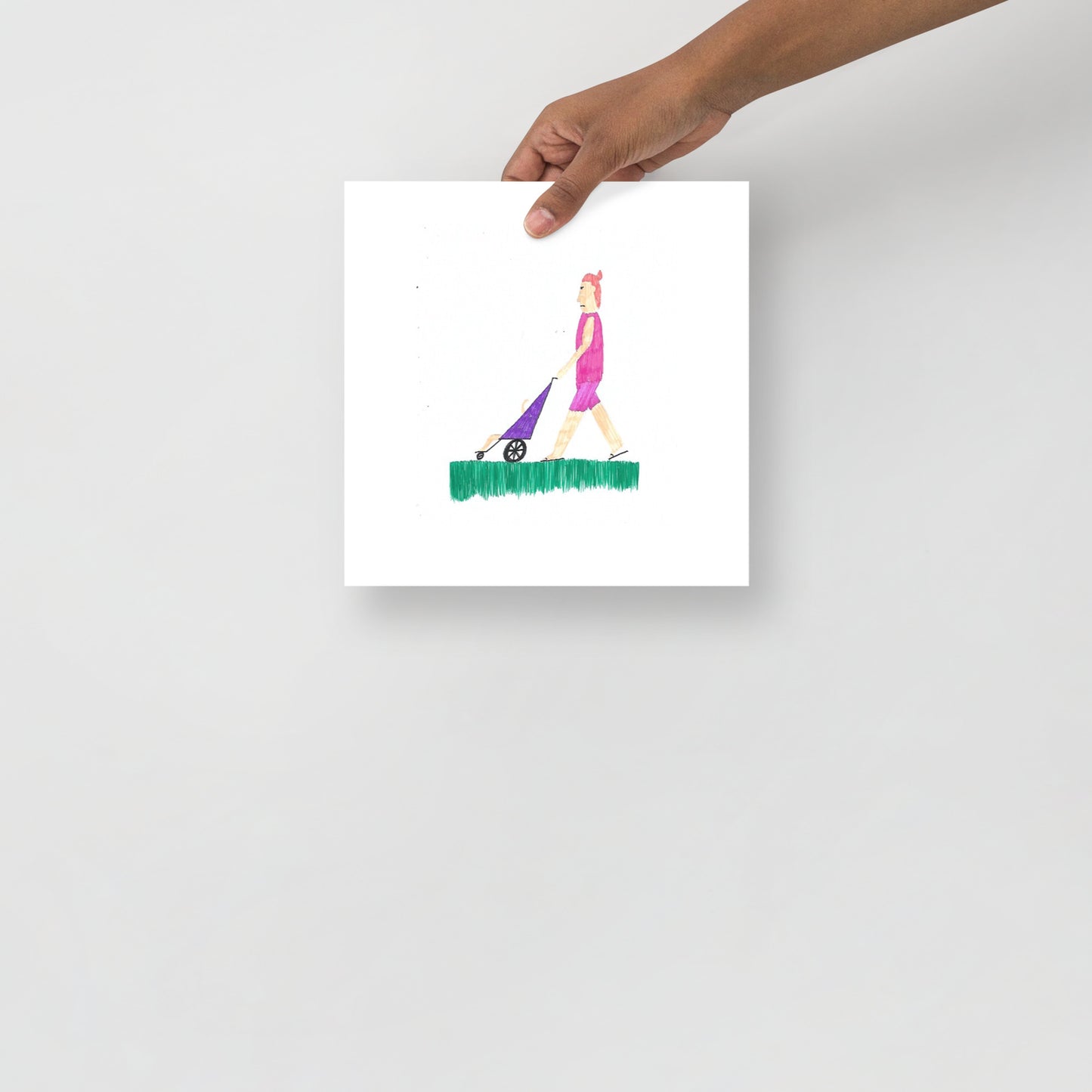 This image shows a square art print depicting a person in a pink outfit pushing a baby in a pushchair in a park. The background is white and minimalist.