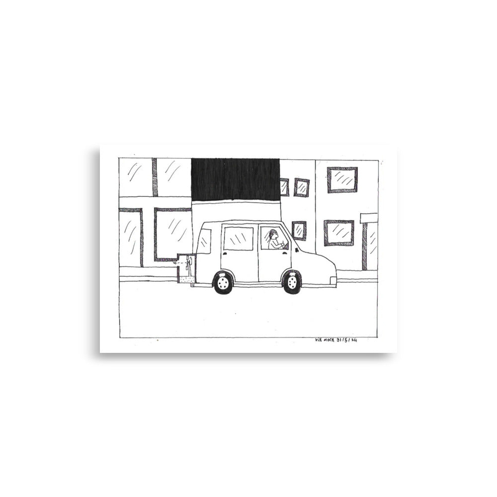 This image shows an art print of a newspaper-style cartoon depicting a simple black and white scene of a van on a street, similar in style to William Hearth Robinson