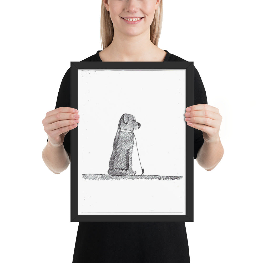 This item is a framed art print of an ink and pen illustration titled "The Black Dog
