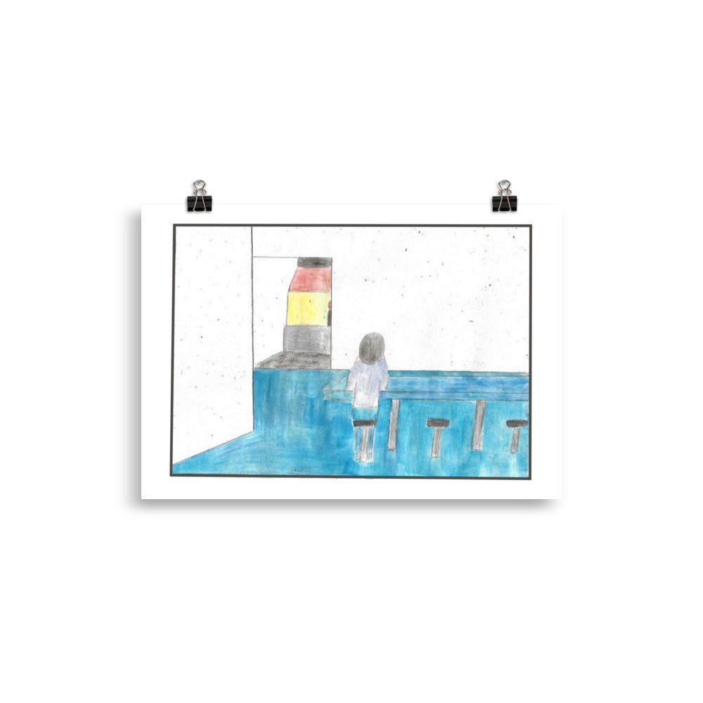 Watercolour illustration of a person sitting at a bright blue diner counter looking out a window at a colorful red and yellow building.