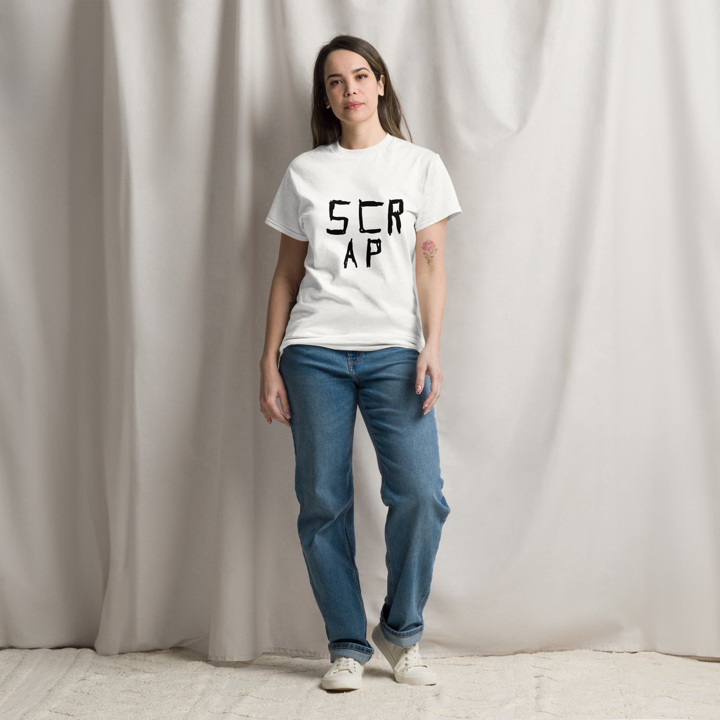 This image shows a white graphic t-shirt featuring the phrase "Scrap