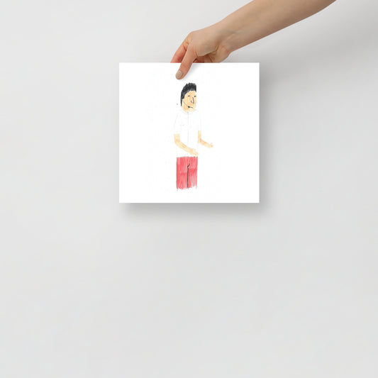 This item is an art print featuring a square artwork featuring a colorful illustration a person wearing a white shirt and red pants giving a speech, on a plain white background. Minimalistic and serene.
