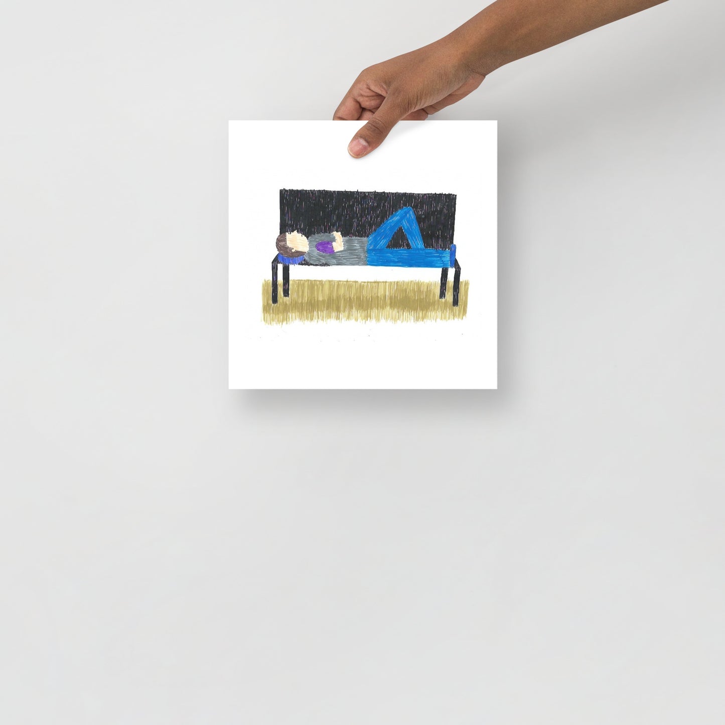 This item is an art print featuring a square artwork featuring an illustration of a person sleeping on a bench conveying solitude and calmness.