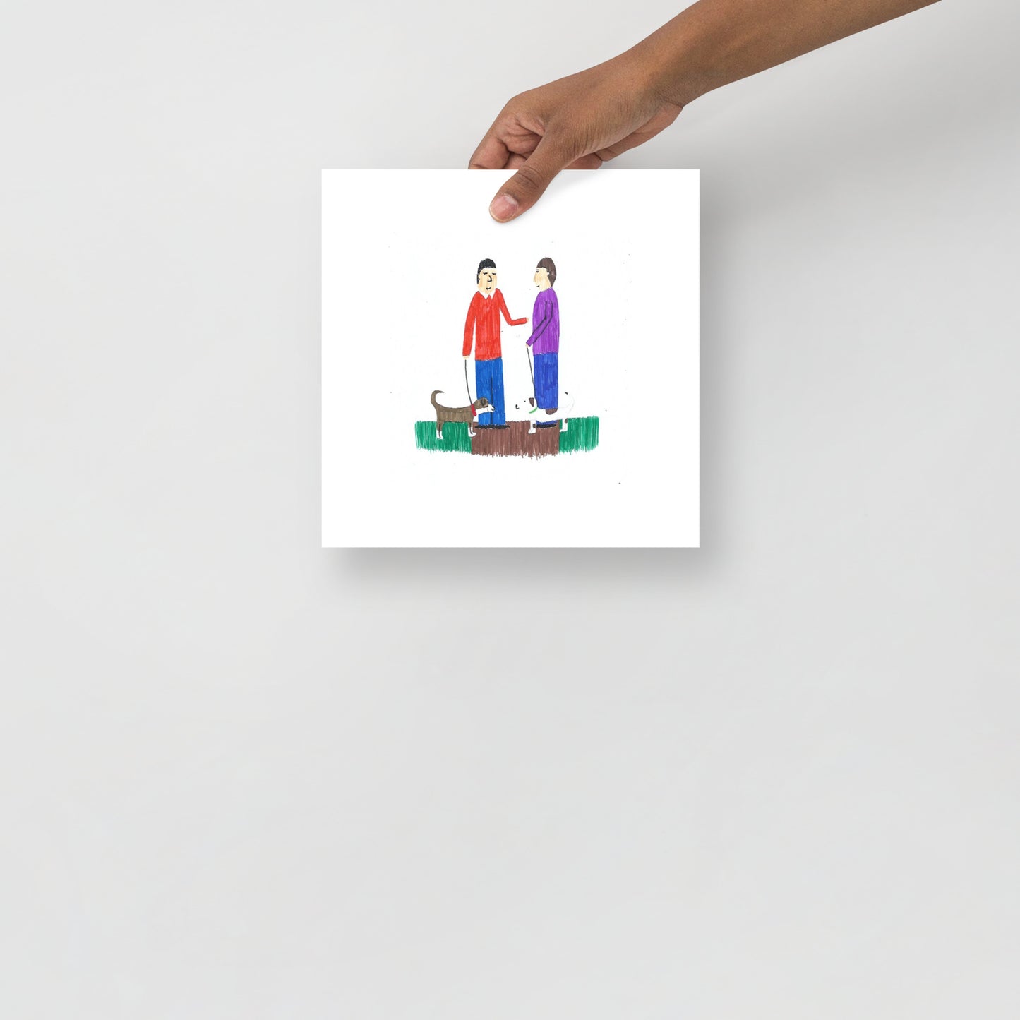 This item is an art print featuring a square artwork featuring a colorful illustration of two people with a dog in a field.