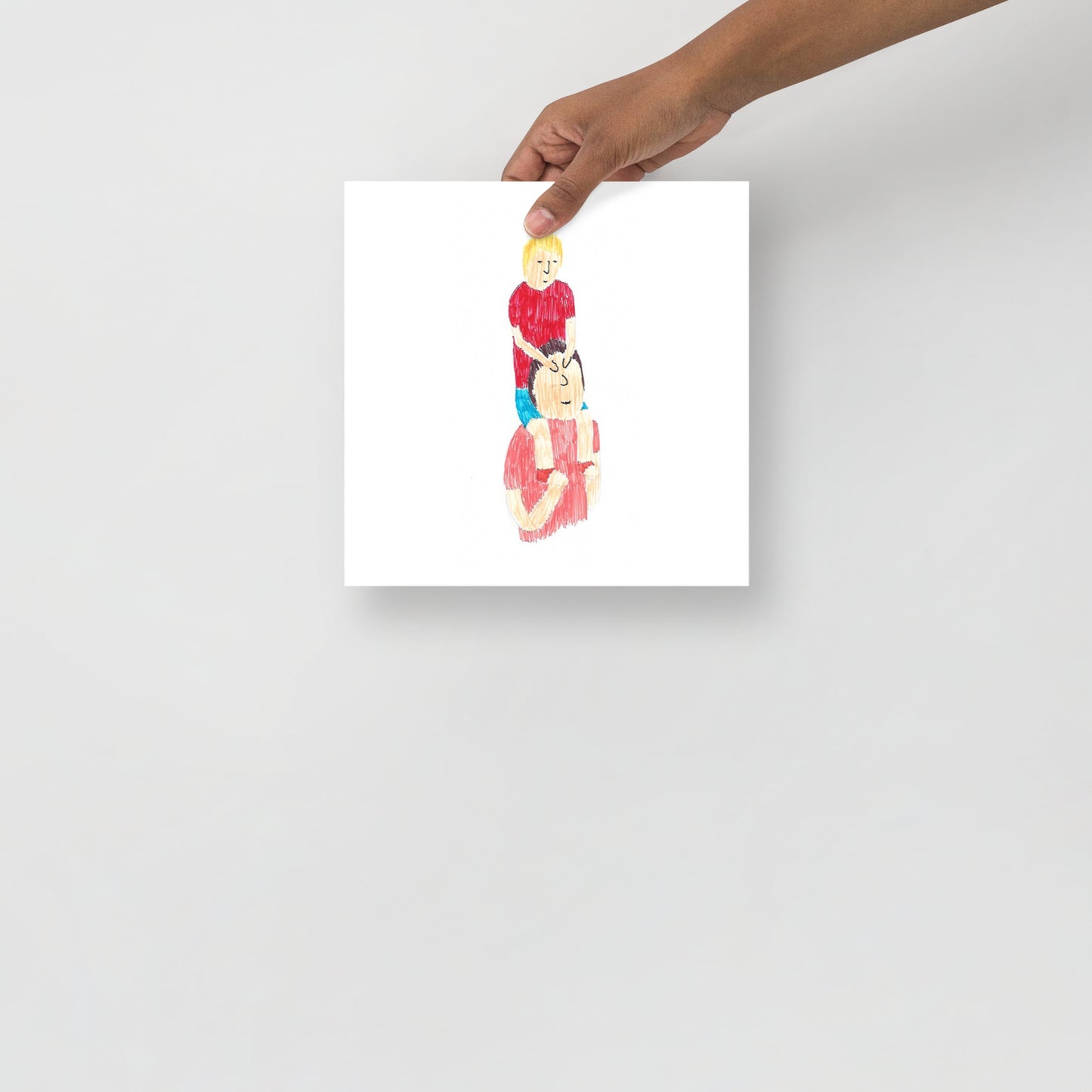 This image shows an art print of a square artwork featuring a colorful abstract illustration of two people, a child sitting, their parents shoulders. The background is plain white.