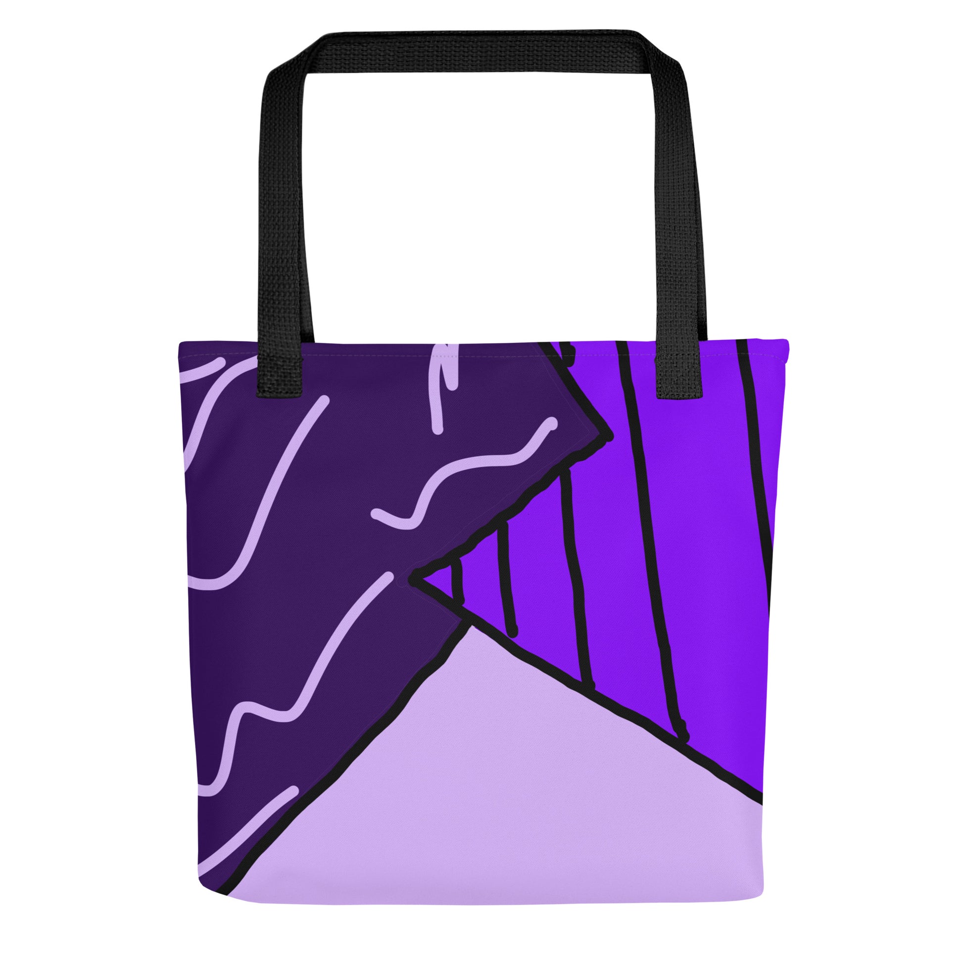 The item shown is a Dark Wave tote bag, featuring a vibrant, retro 1980s-inspired geometric pattern in dark blue, purple, and light blue. Similar in style to the Memphis Group