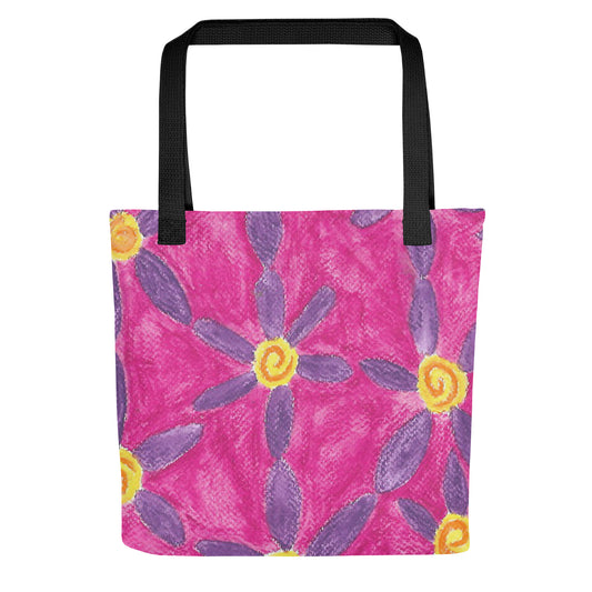 This item is a canvas tote bag featuring a vibrant, artistic floral print in pink and purple tones