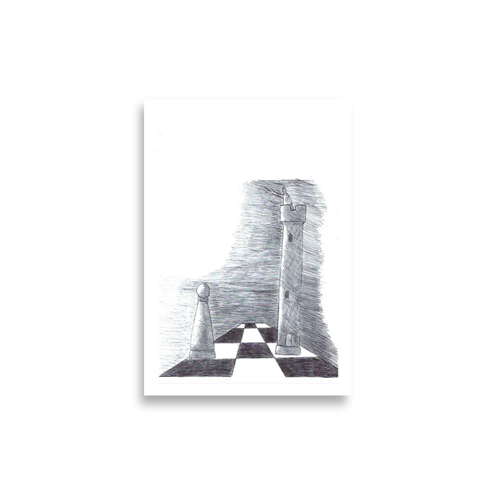 This image shows an art print of an Illustration of a small pawn casting a tall rook-shaped shadow on a chessboard. The pawn stands on a checkered surface, conveying ambition and potential.