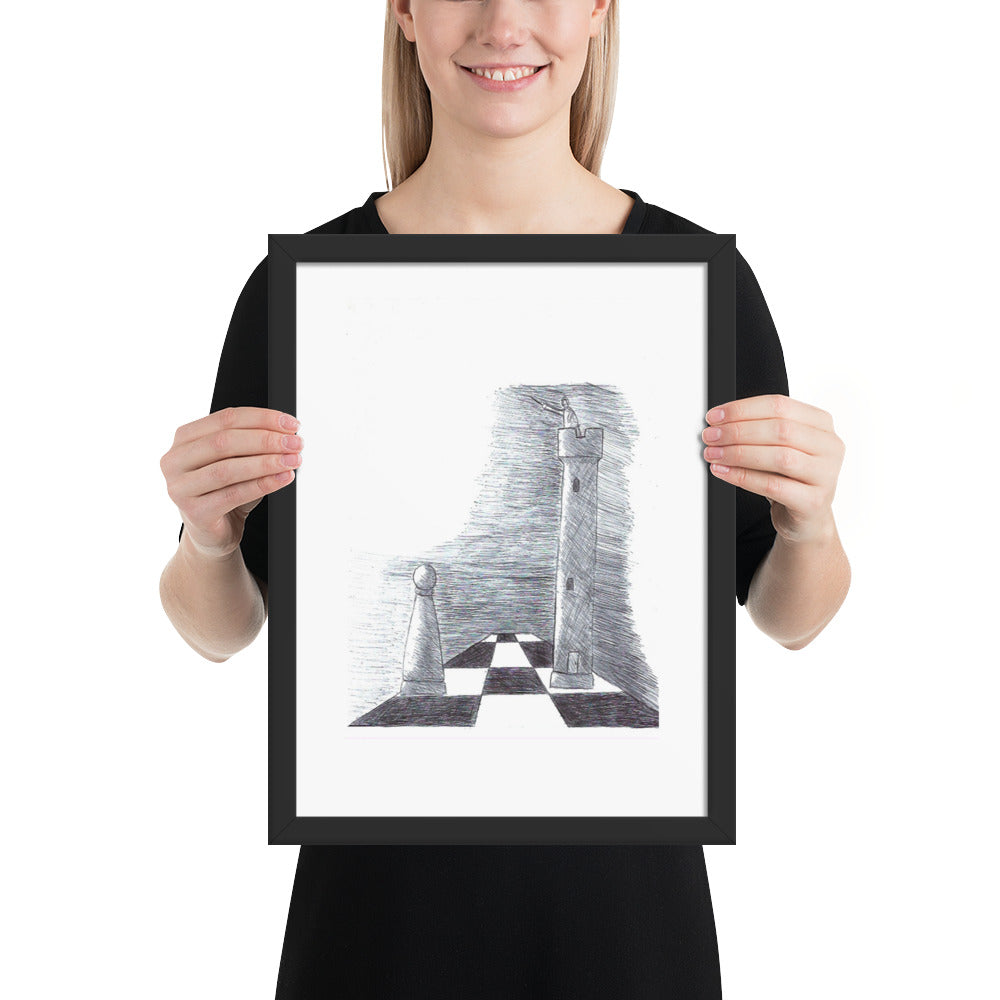 This image shows an framed art print of an Illustration of a small pawn casting a tall rook-shaped shadow on a chessboard. The pawn stands on a checkered surface, conveying ambition and potential.