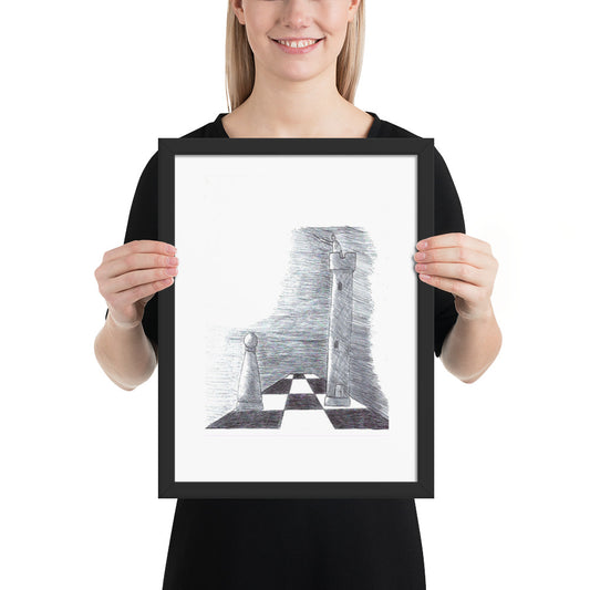 This image shows an framed art print of an Illustration of a small pawn casting a tall rook-shaped shadow on a chessboard. The pawn stands on a checkered surface, conveying ambition and potential.