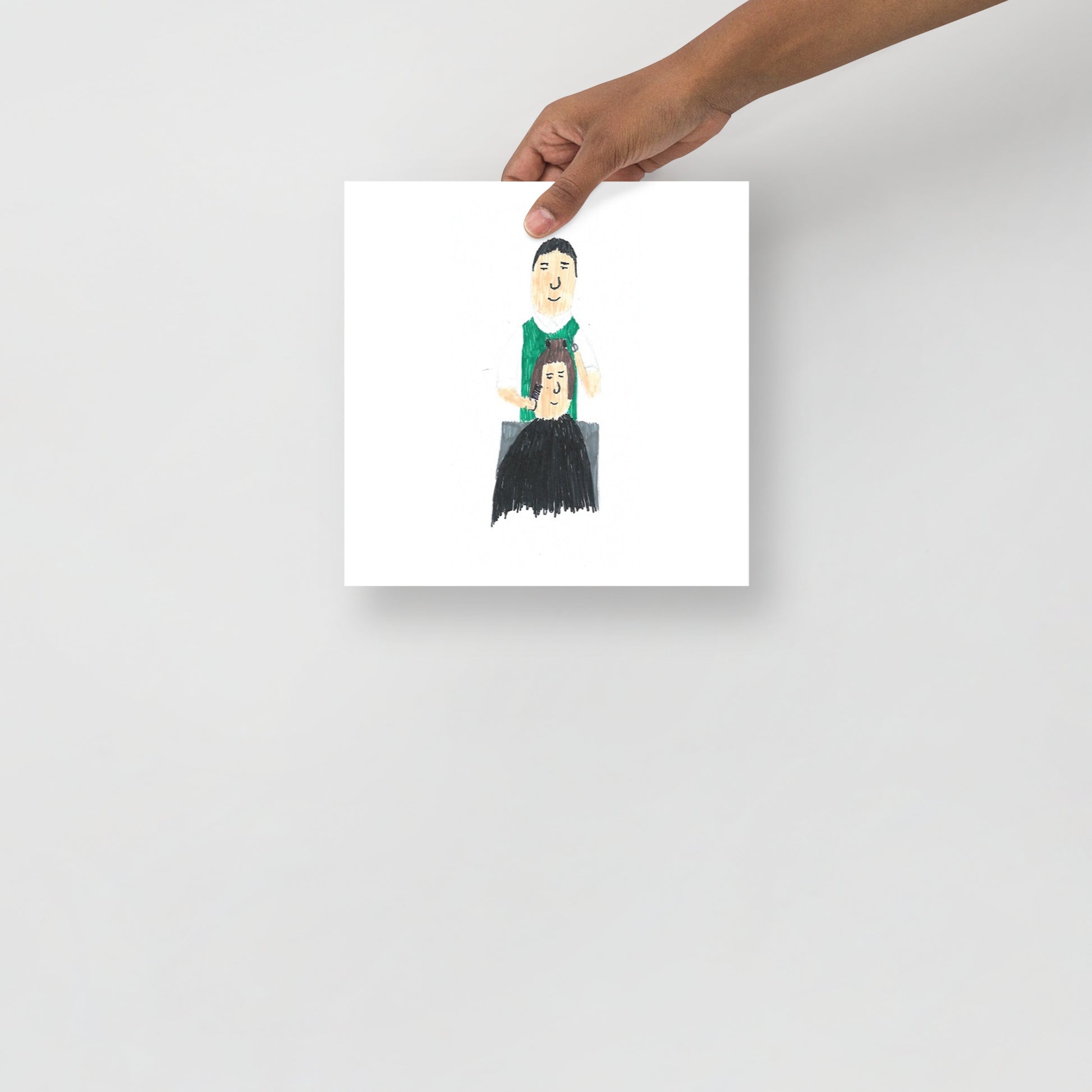 This image shows an art print of a square illustration depicting two smiling figures in colorful clothing, one is a hairdresser talking to a client, on a white background, conveying a joyful and playful tone.