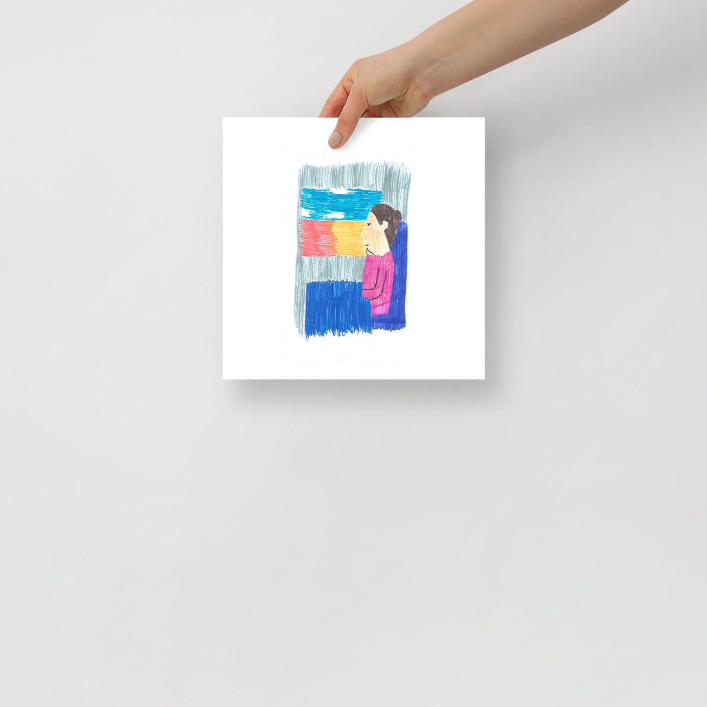 This image shows an art print of a square illustration depicting a colorful female figure on a train looking out of a window, on a plain white background.