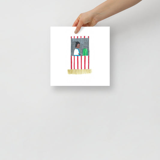 This image shows an art print of a minimalist illustration. The artwork depicts a person inside a red and white striped market stall conveying a cheerful tone.