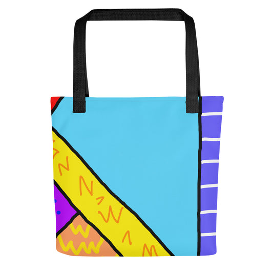 This product is a VKM Illustrations New Wave 1 tote bag, featuring a vibrant 1980s-inspired design of the Memphis Group. A geometric pattern in turquoise,yellow,red, pink and blue. 