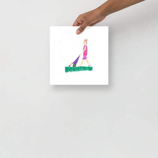 This image shows a square art print  depicting a person in a pink outfit pushing a baby in a pushchair in a park. The background is white and minimalist.