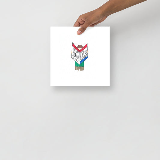 This image shows a square art print  depicting a person reading a newspaper. The background is white and minimalistic.