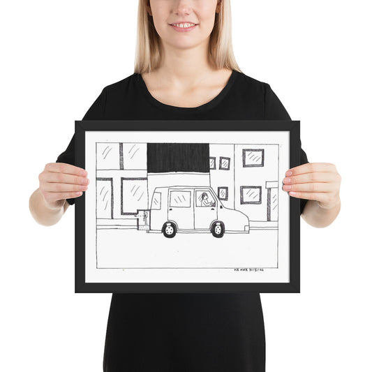 This image shows a framed art print of a newspaper-style cartoon depicting a simple black and white scene of a van on a street, similar in style to William Hearth Robinson 