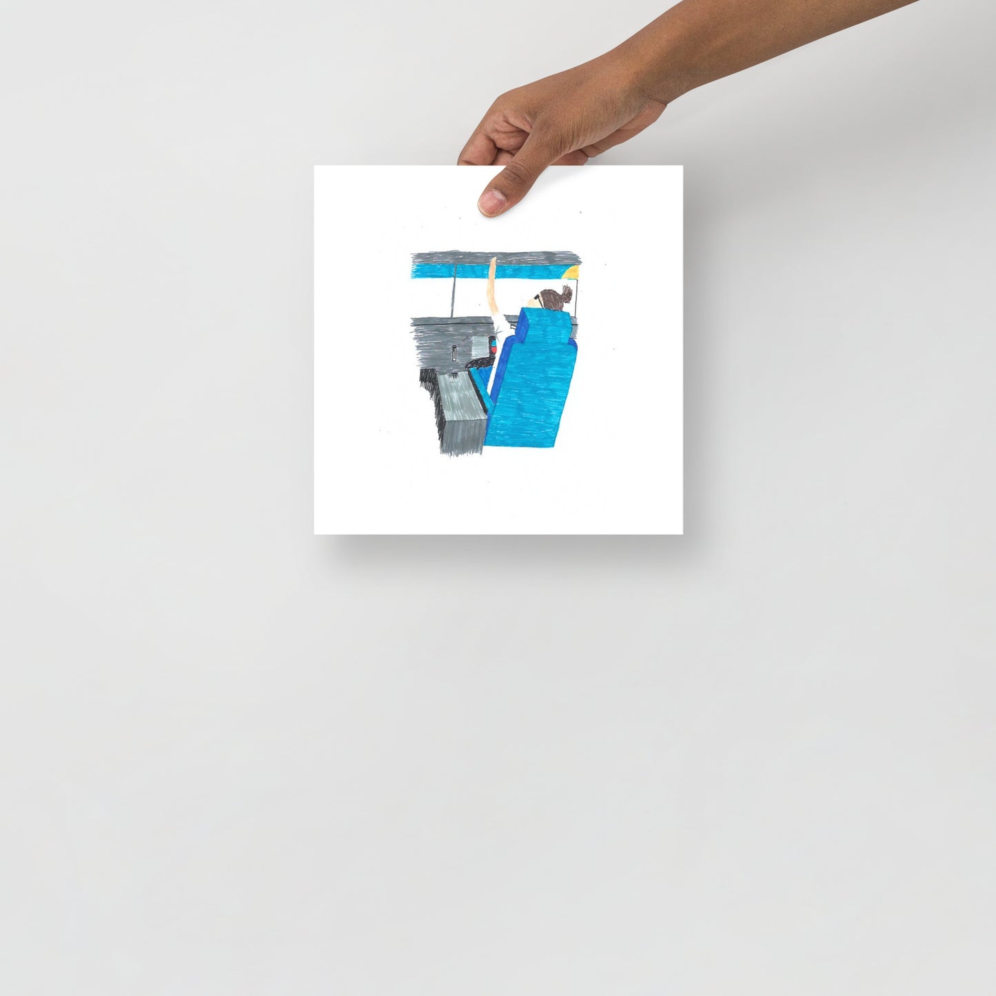 This image shows an art print of a square artwork featuring a female airline pilot at the controls of an aeroplane, conveying a modern and minimalist tone.