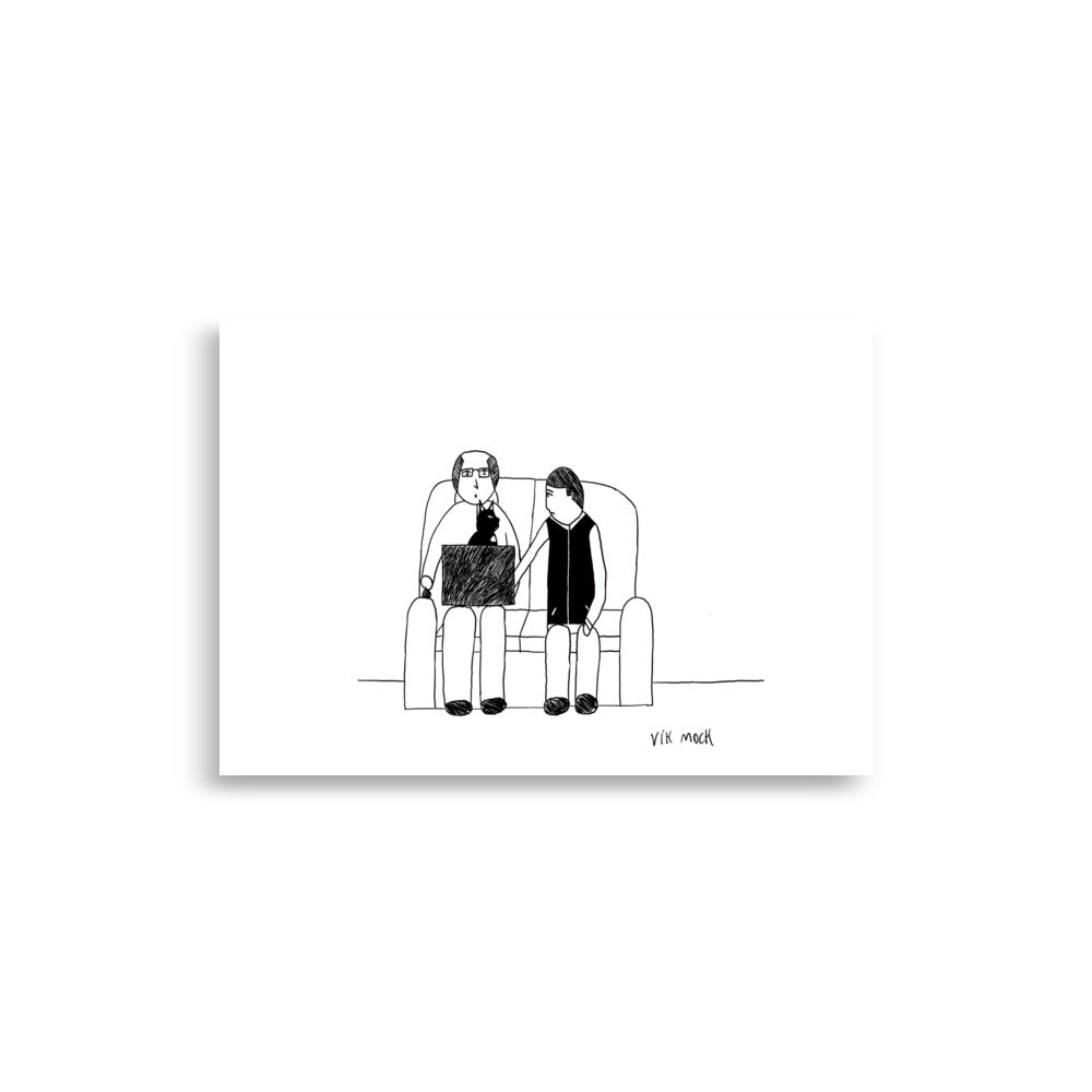 This image shows an art print of cartoon illustration titled "The CEO," of two people sitting on a couch, one with a laptop, the other leaning over to look. Minimalist black and white style, conveying curiosity.