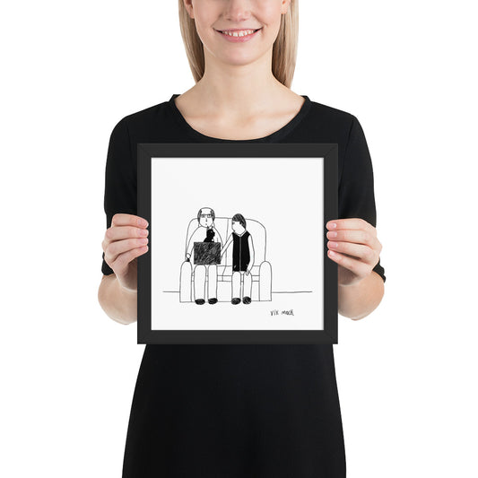This image shows a framed art print of cartoon illustration titled "The CEO," of two people sitting on a couch, one with a laptop, the other leaning over to look. Minimalist black and white style, conveying curiosity.