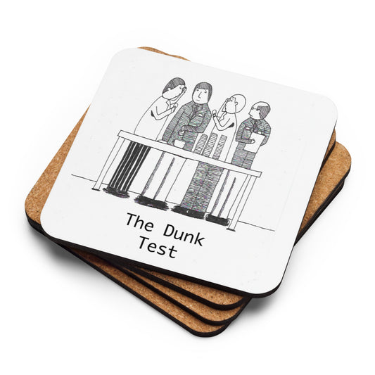 This product is a set of cork-backed coasters featuring an illustration titled "The Dunk Test," which depicts the biscuit testing process at the Peek Freans biscuit factory in Bermondsey, London. 