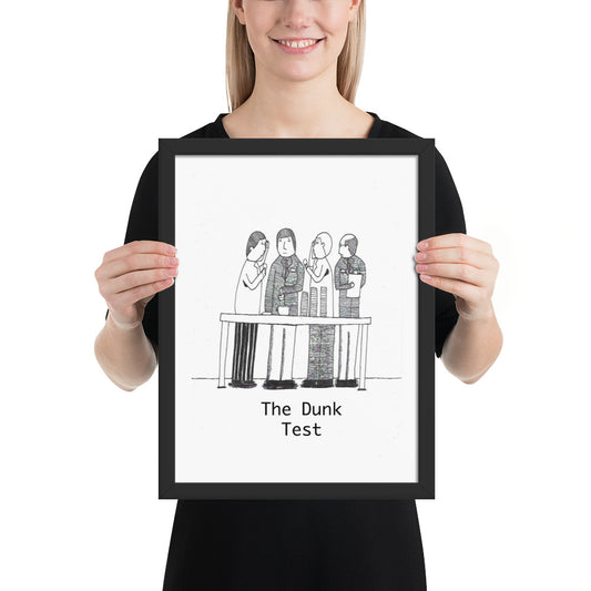 This image shows a framed art print of an illustration titled "The Dunk Test," which depicts the biscuit testing process at the Peek Freans biscuit factory in Bermondsey, London. 