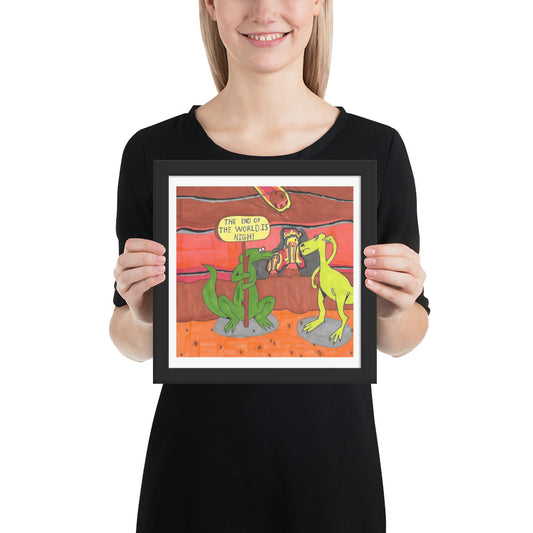A framed cartoon of two dinosaurs. One holds a trumpet, saying, "The end of the world is nigh." The setting is a reddish landscap