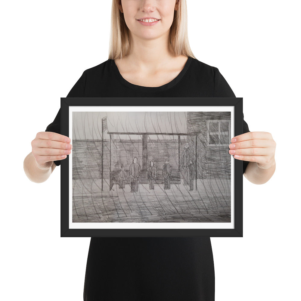 A framed pencil sketch of a bus stop scene. The monochrome drawing depicts figures sitting, conveying a calm, nostalgic mood.