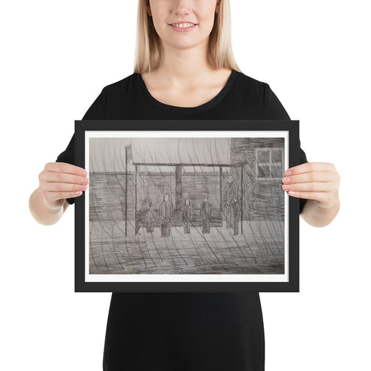  A framed pencil sketch of a bus stop scene. The monochrome drawing depicts figures sitting, conveying a calm, nostalgic mood.