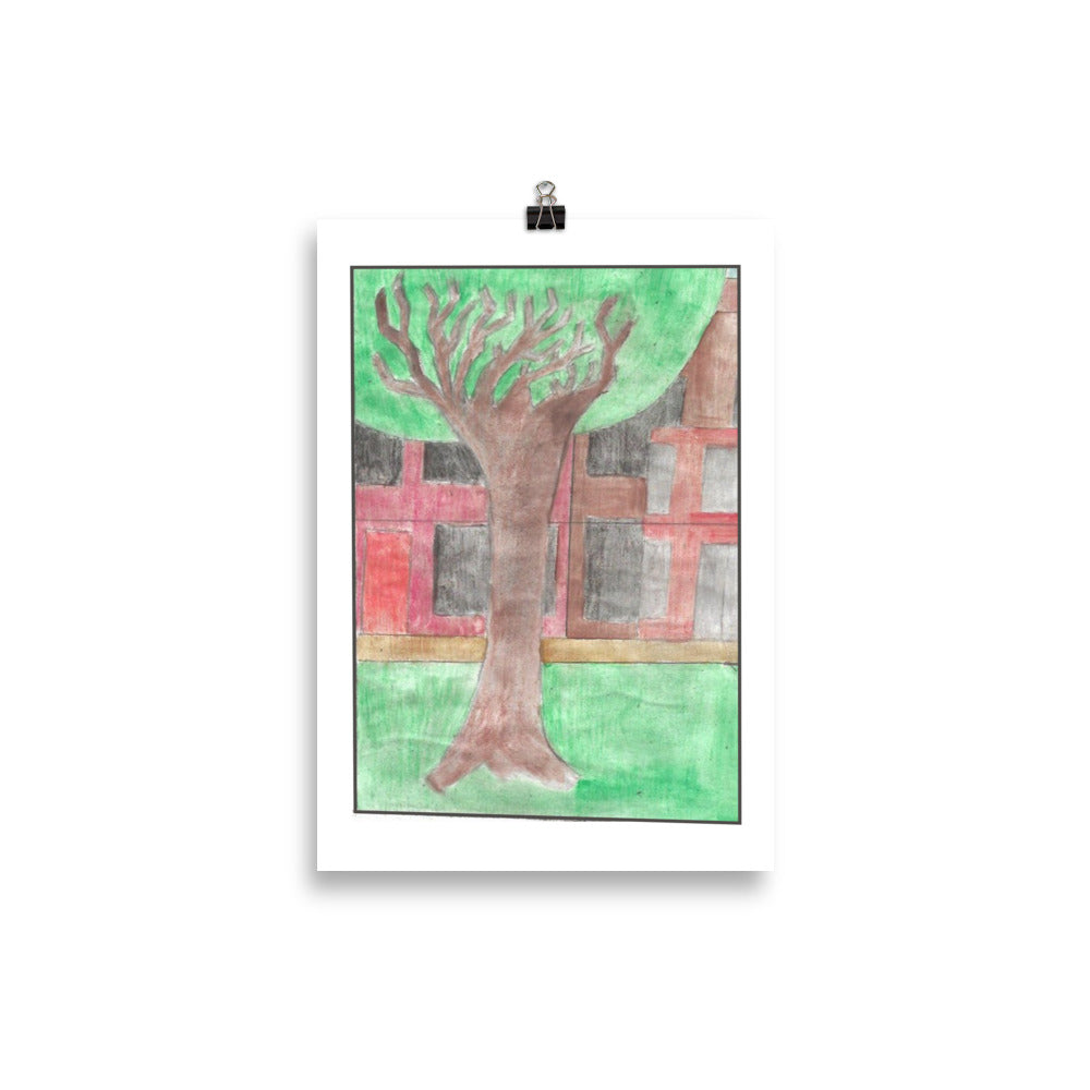 Watercolor art of a vibrant green park surrounded by modern white city apartment buildings under a soft yellow sky.