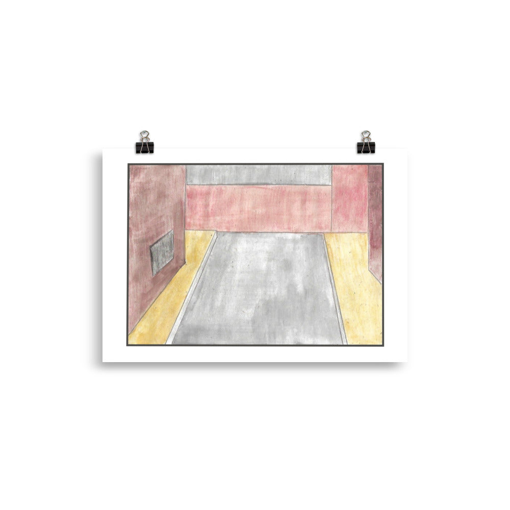 Watercolor drawing of an empty city alleyway with a grey road, yellow sidewalks, and terracotta walls in a stark one-point perspective.