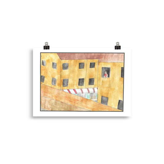 Warm yellow watercolour painting of city buildings featuring a red-and-white striped awning and a small figure looking out a window.