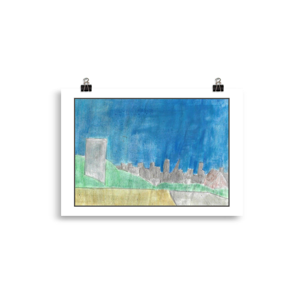 Minimalist watercolor painting of a grey concrete elevated highway bridge crossing in front of yellow city apartment blocks.