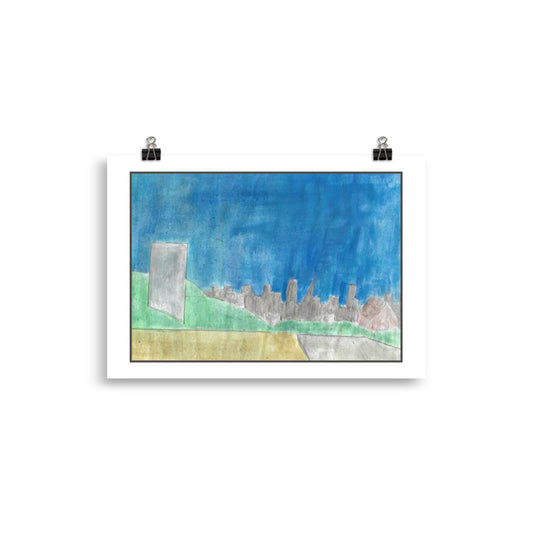 Minimalist watercolor painting of a grey concrete elevated highway bridge crossing in front of yellow city apartment blocks.