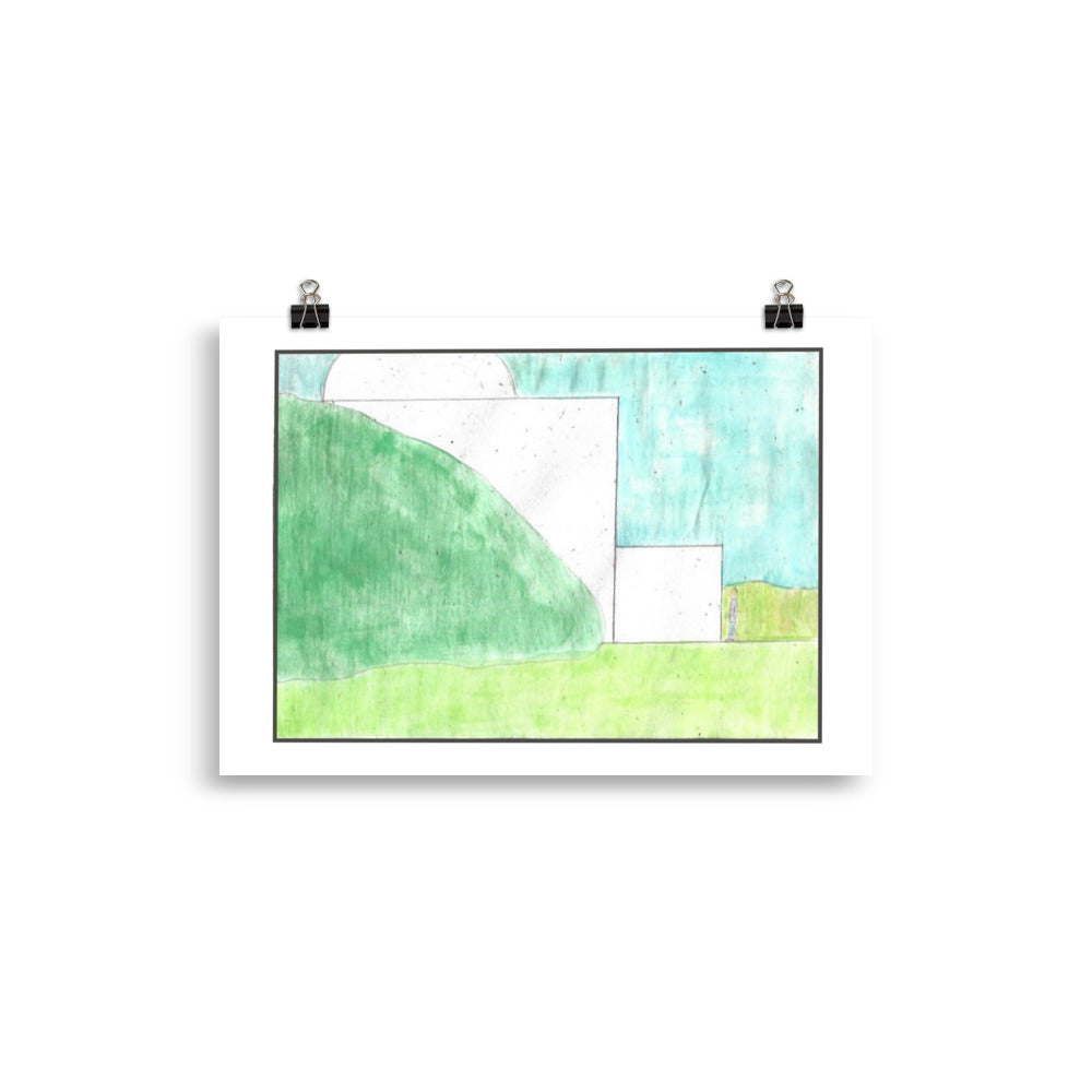 Watercolor painting of a green coastal hill featuring a large black wireframe cylindrical structure, a yellow path, and vibrant blue water.