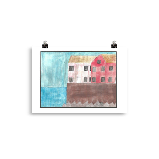 Watercolor painting of an industrial red-brick factory and a small white building on a yellow shoreline next to a bright blue sea.