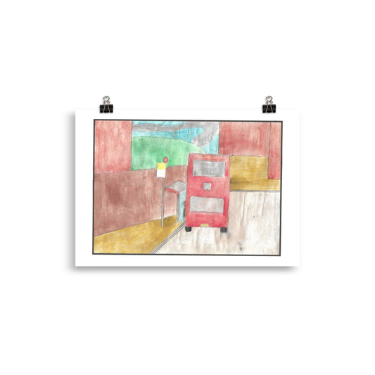  One-point perspective watercolor painting of a grey road crossing a canal, flanked by deep burgundy building walls and yellow sidewalks.