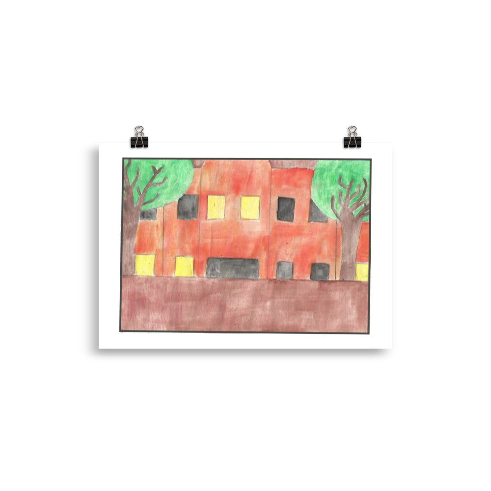 High-angle watercolour print of yellow city buildings featuring a classic red-and-white striped awning and a small figure sitting in a window.