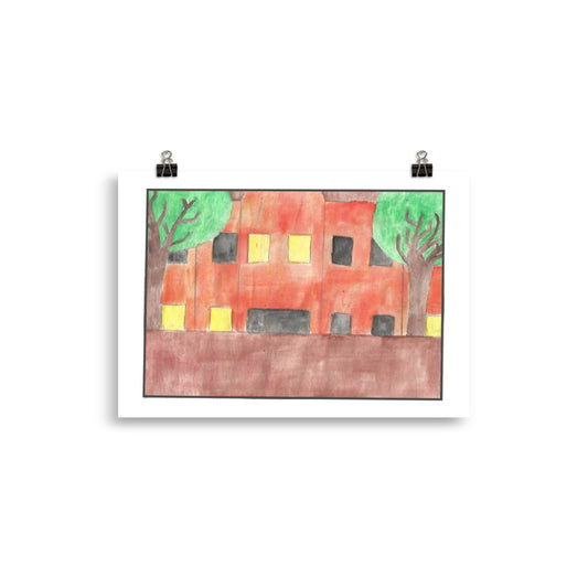 High-angle watercolour print of yellow city buildings featuring a classic red-and-white striped awning and a small figure sitting in a window.