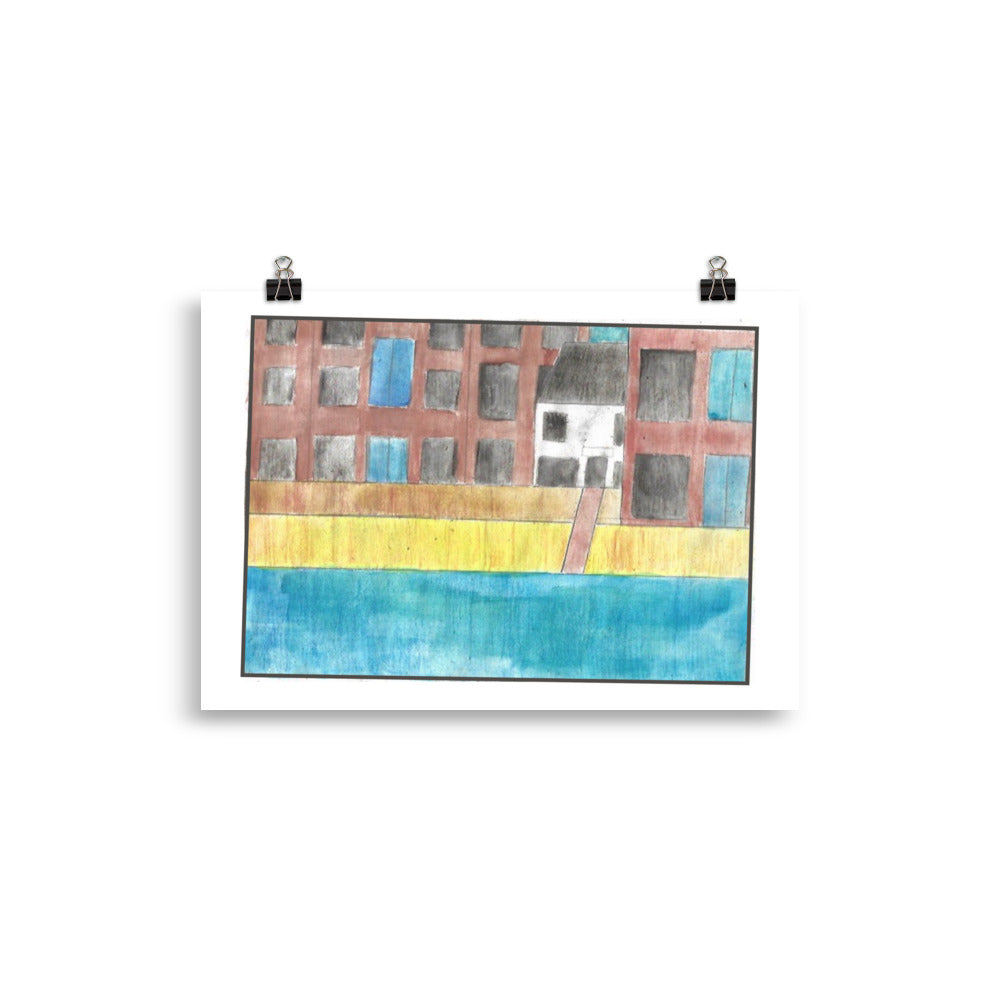 Minimalist watercolour art showing a symmetrical view of two brown coastal fortifications on a vibrant blue ocean with a tiny figure on each pier.