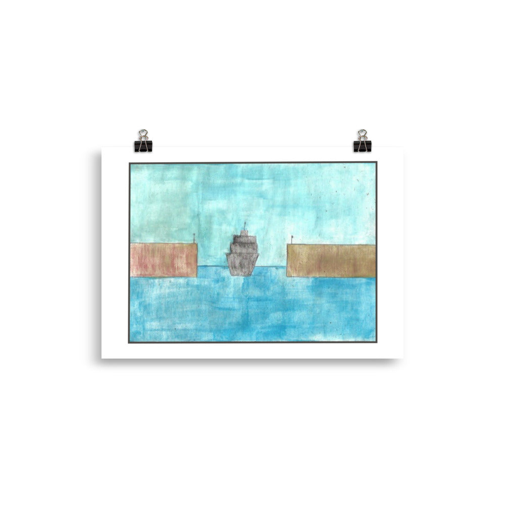 Graphic architectural watercolor art of a prominent black gantry crane structure on an industrial harbor next to turquoise water.