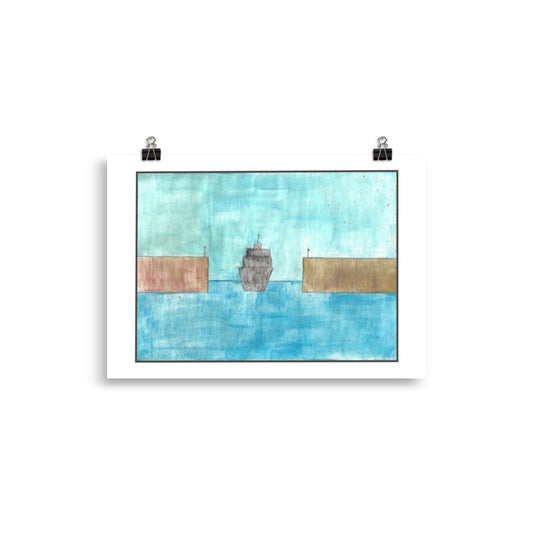 Graphic architectural watercolor art of a prominent black gantry crane structure on an industrial harbor next to turquoise water.