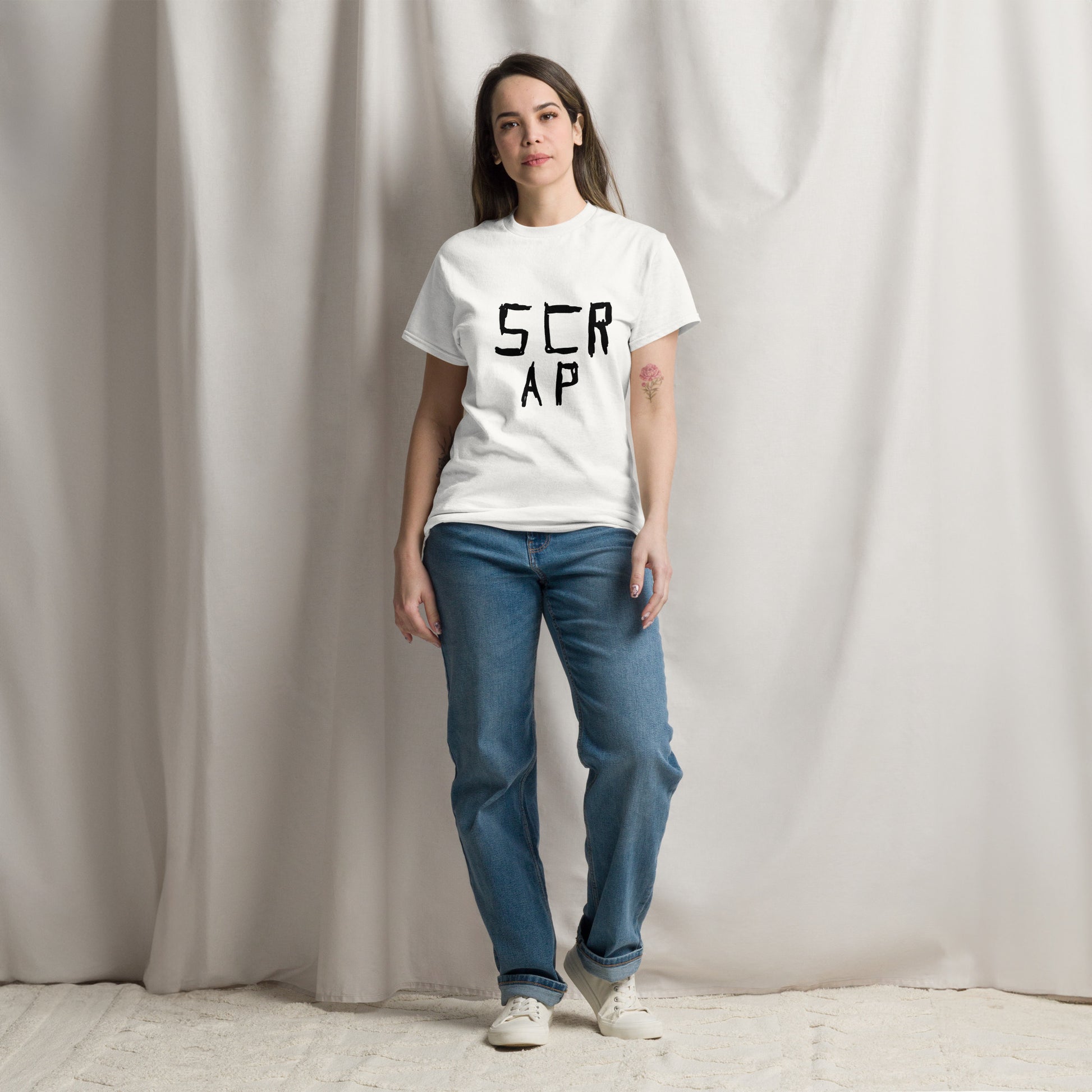 This image shows a white graphic t-shirt featuring the phrase "Scrap
