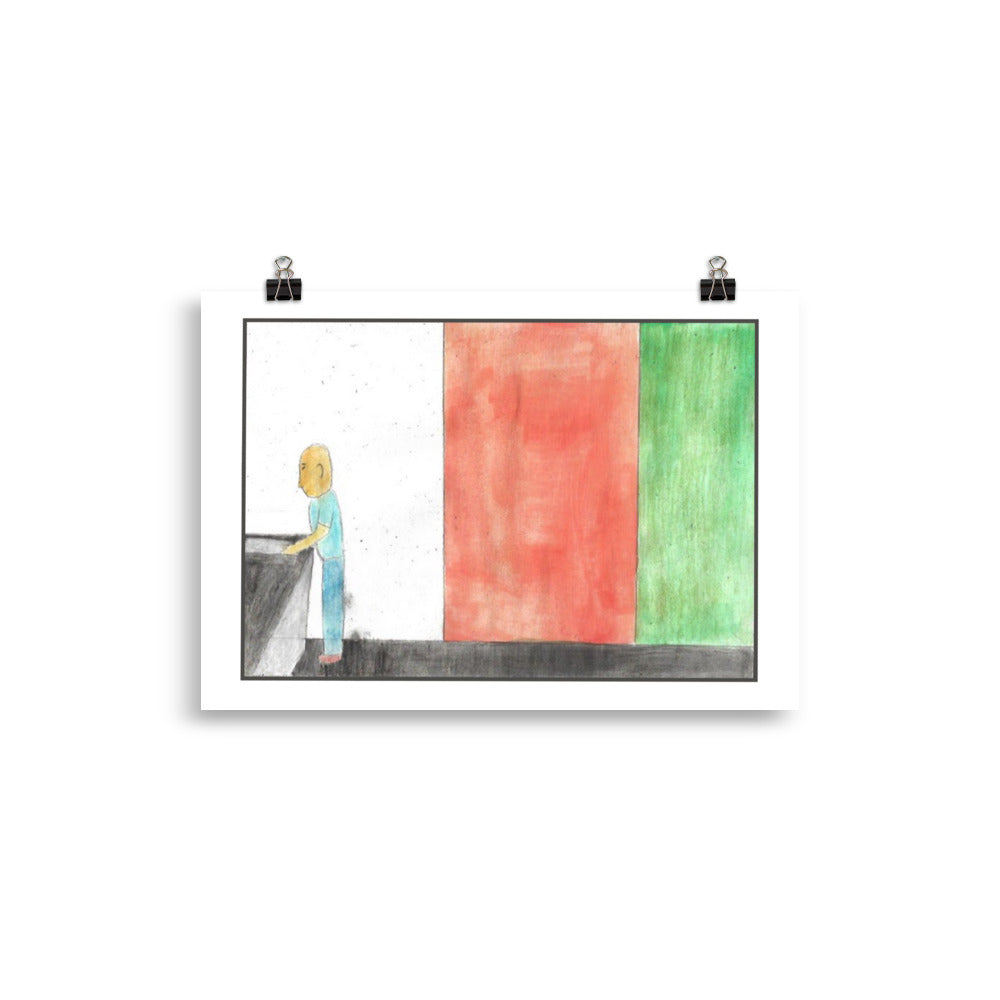 Cozy interior watercolour painting of a kitchen sink looking out a window toward a bright yellow beach and blue sea.