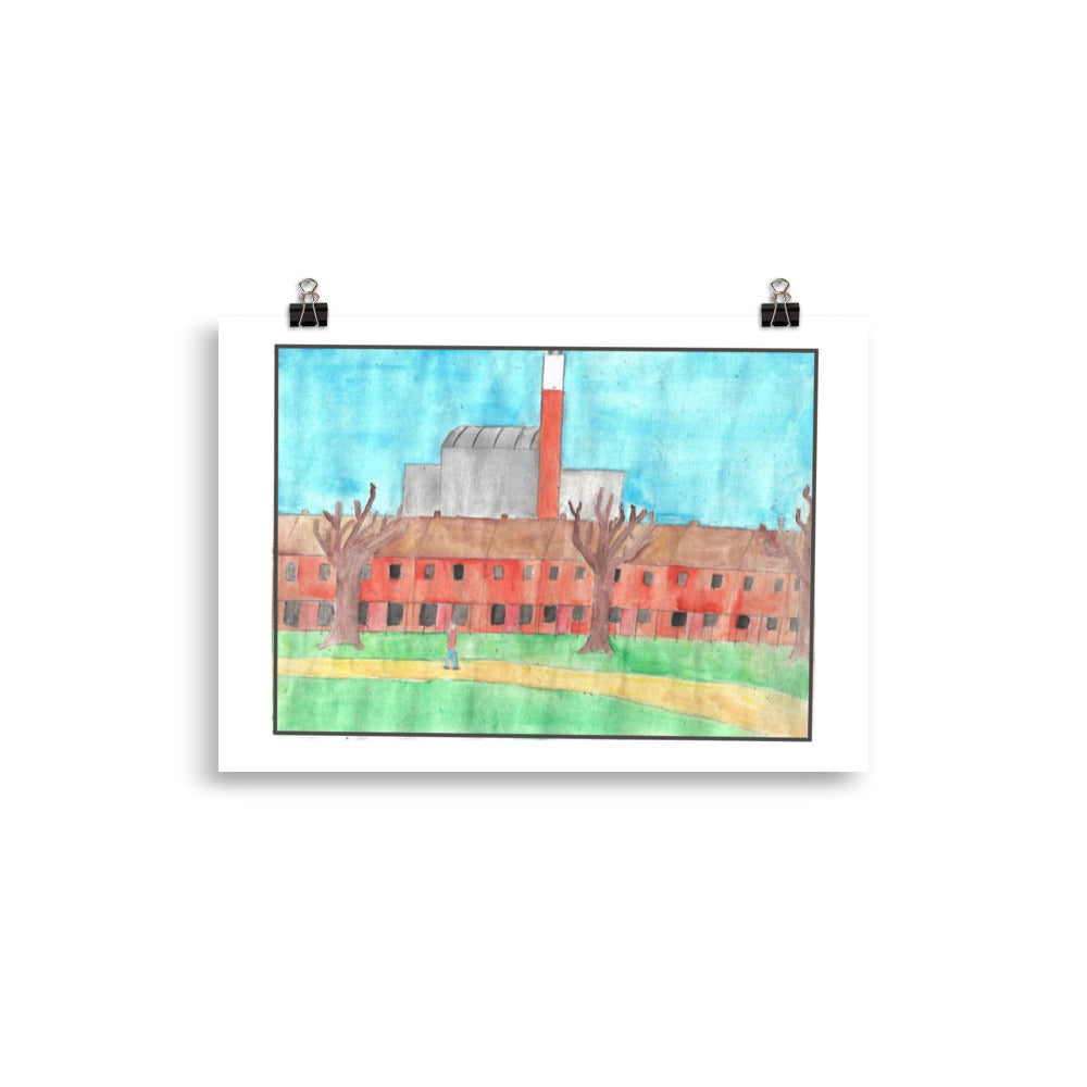Expressive watercolour painting of a deep red and burgundy city block with a striking bright blue geometric building accent.