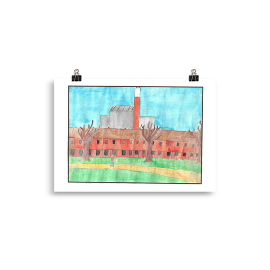 Expressive watercolour painting of a deep red and burgundy city block with a striking bright blue geometric building accent.