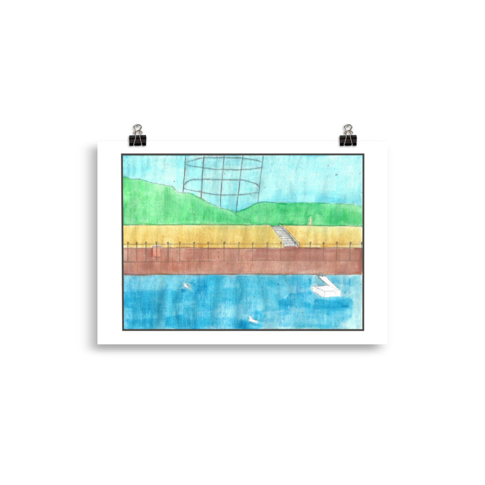 Architectural watercolour print of a black geometric wireframe grid overlaying yellow city buildings and green terrain.